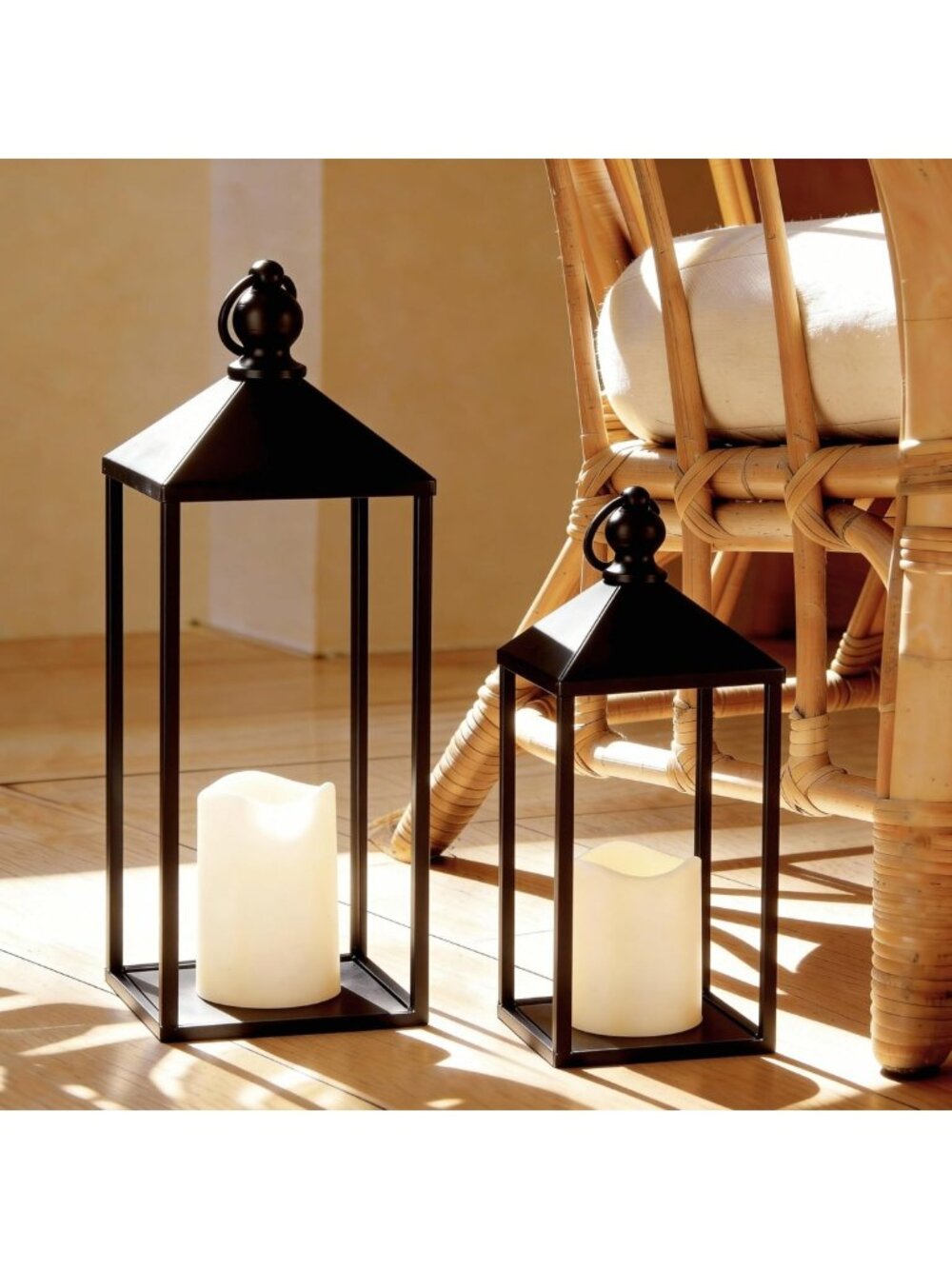 Set of 2 Black Metal Decorative Lanterns with LED Flameless Candles - Farmhouse